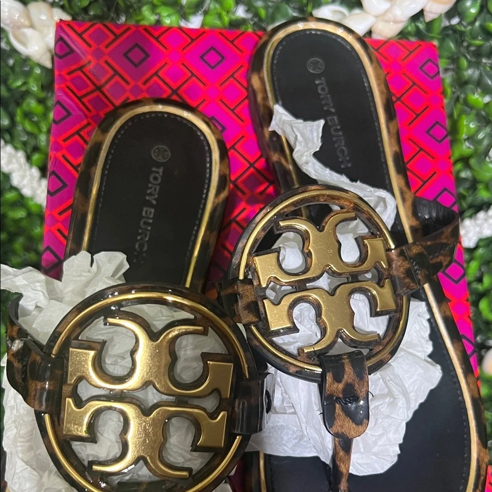 Tory Burch RT: $248 Metal Miller Barbados Leopard sandals Slipper size 8 - Picture 3 of 9